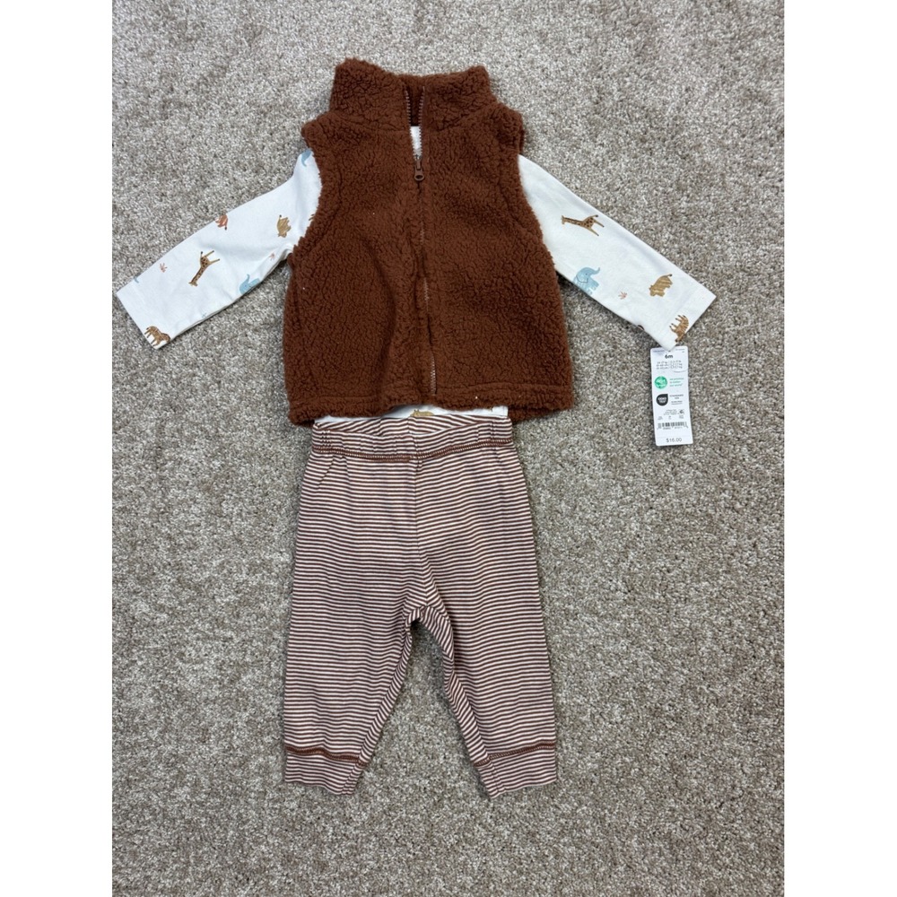 Carters Just One You 6M 3-Piece Set Sherpa Vest Safari Bodysuit Striped Pant